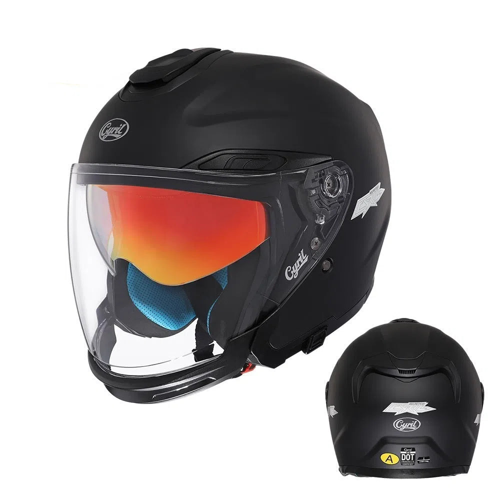 Summer motorcycle half helmet with double visor in matte black finish on light background