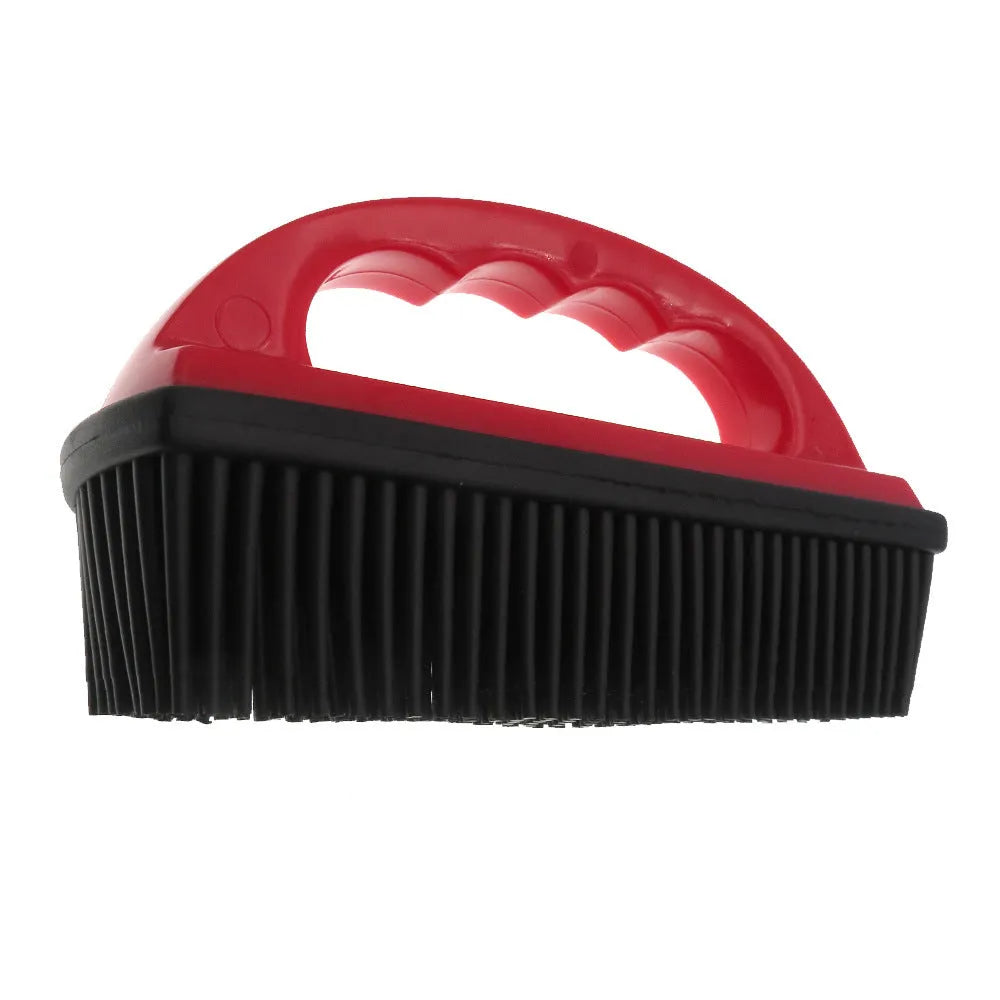 Red handheld pet hair removal brush for grooming and carpet cleaning
