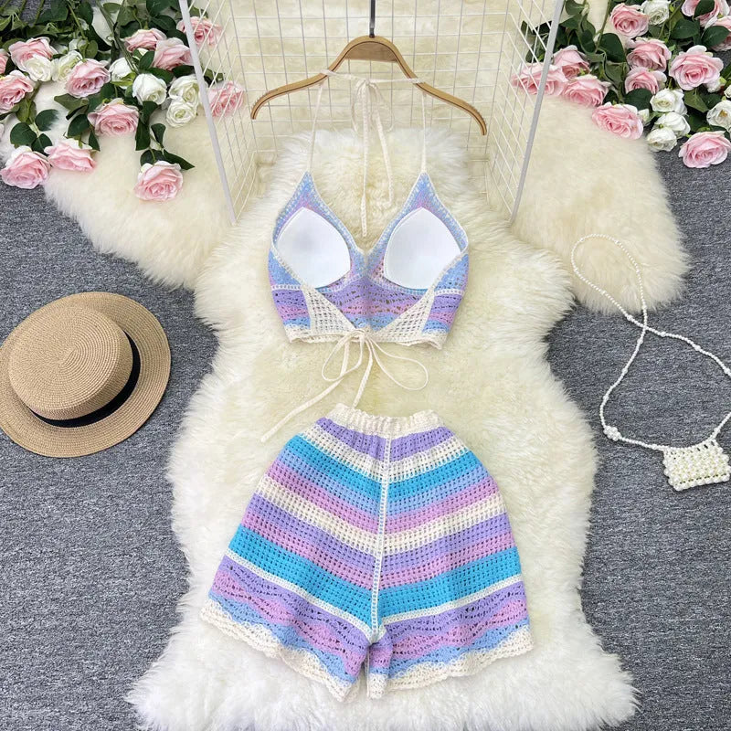 Women's Striped Halter Camisole and Shorts Set Summer Sleeveless Contrast Colour V-Neck Vacation Two-Piece in Blue Purple Yellow Polyester Free Size Casual Beachwear