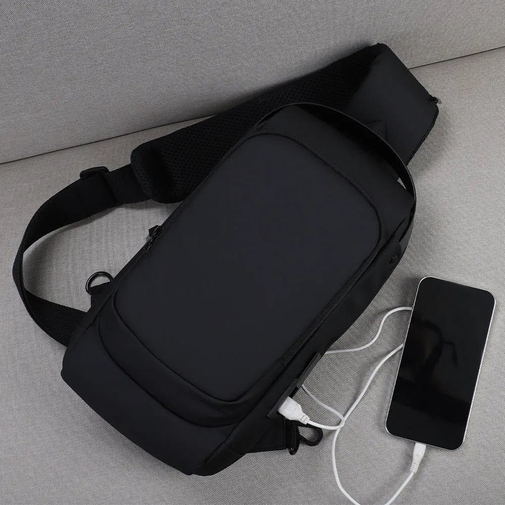 Men's black polyester crossbody shoulder bag with USB charging port and contrast-colour accents