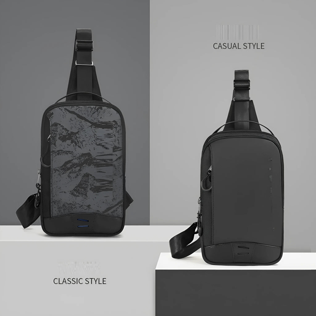 Casual black TPU camouflage print chest bag with adjustable strap, shown in a square vertical shape.
