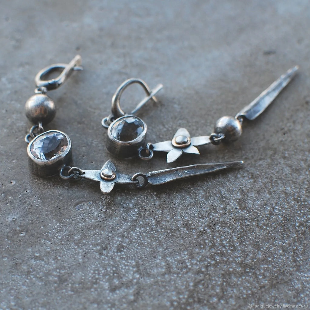Antique silver geometric XINGX pendant earrings with rhinestone detailing