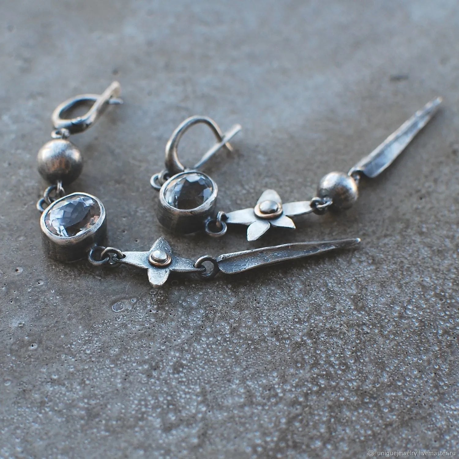 Antique silver geometric XINGX pendant earrings with rhinestone detailing