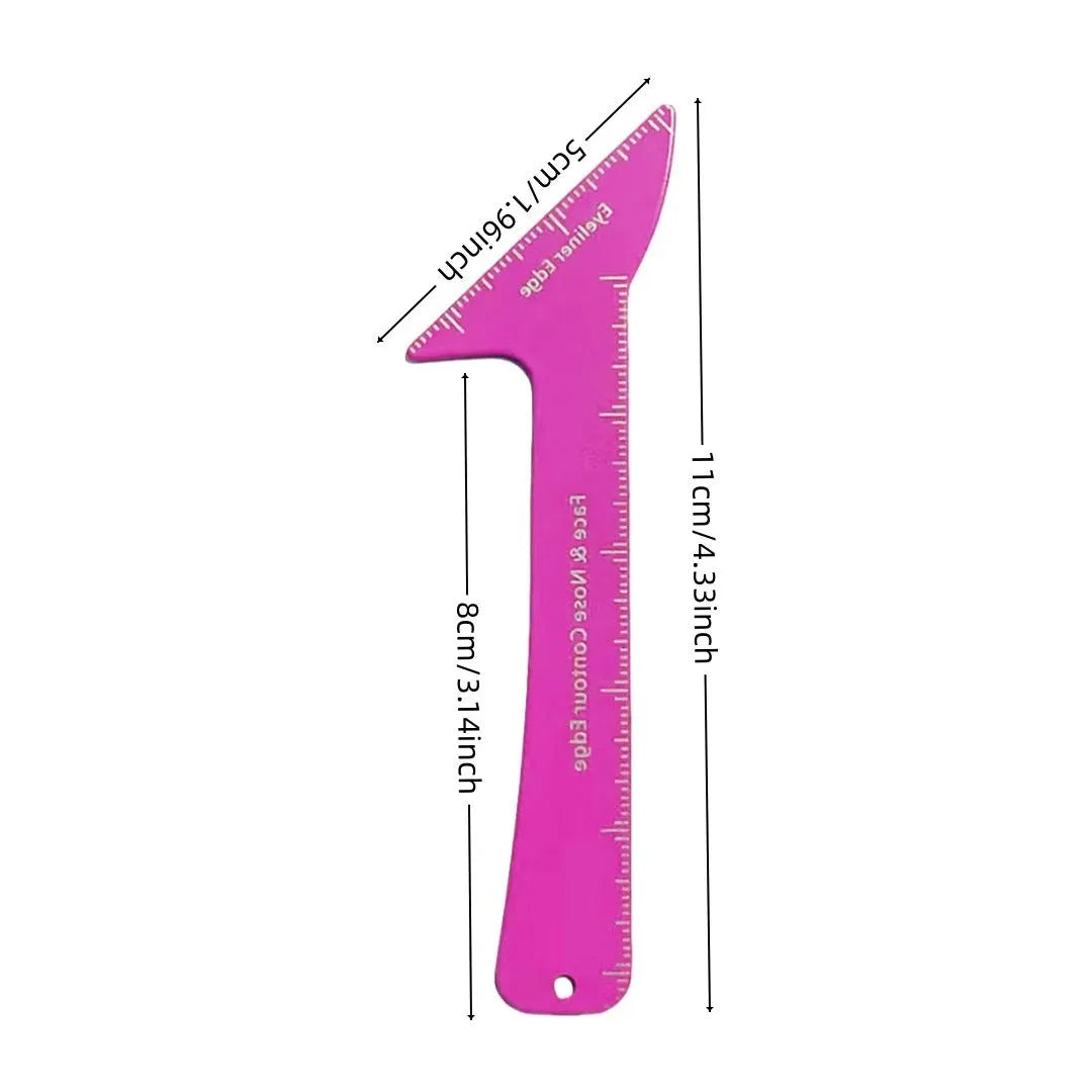Pink reusable plastic makeup stencil with cut-outs for eyeliner wings, eyebrow arch, and nose contour lines.
