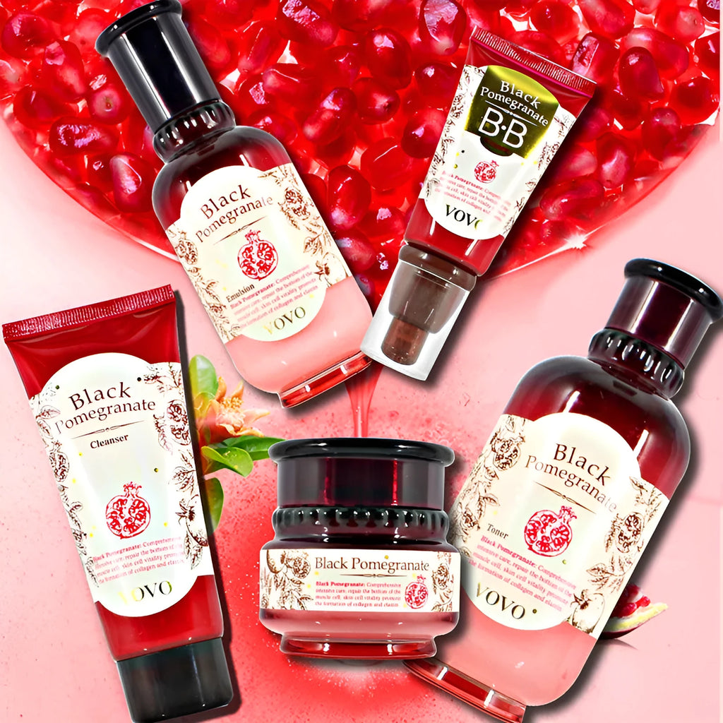 Pomegranate skin care set with six products including cleanser, water, milk, cream, essence and eye cream
