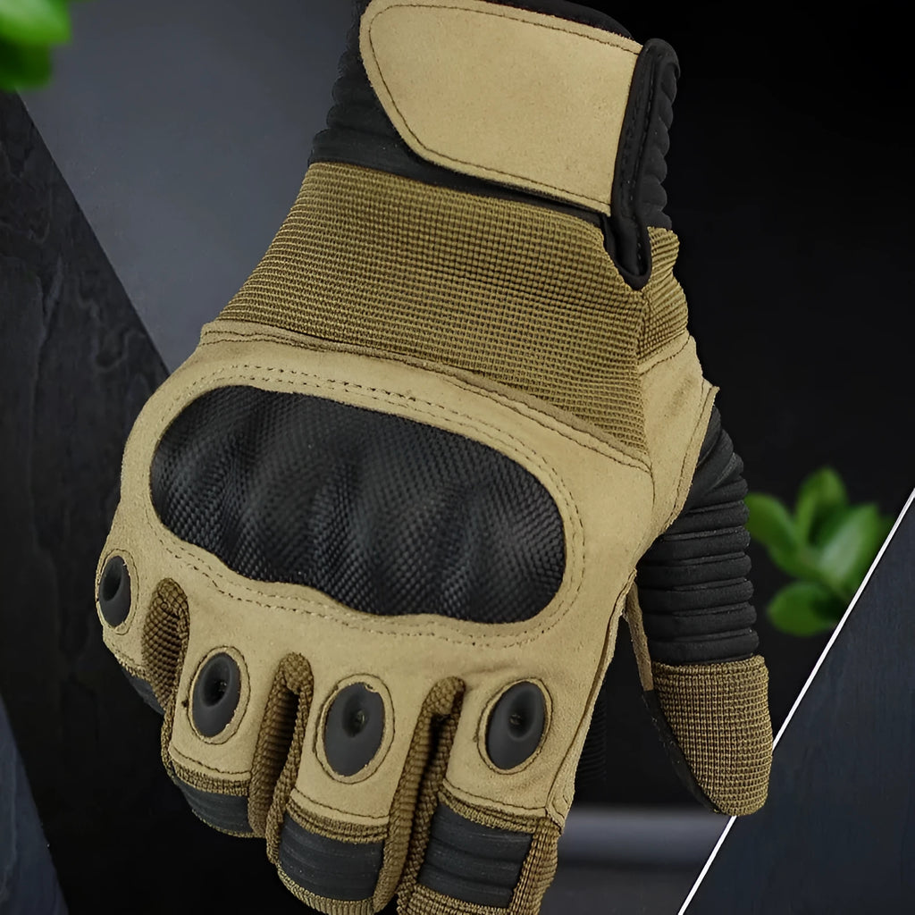 Touch screen tactical full finger motorbike gloves in knitted fabric, shown in black, grey-brown and army green.