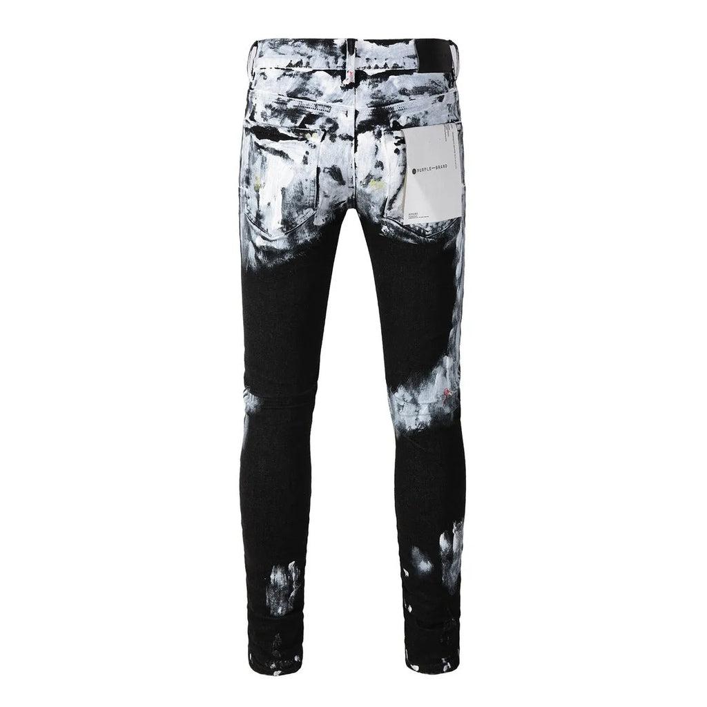 Purple Brand blue denim jeans with crumpled finish, button fly, and skinny fit on a model