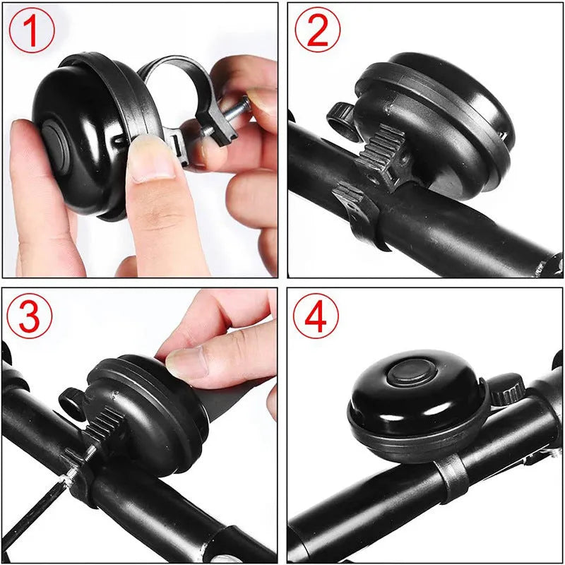 Black bicycle bell with 58mm diameter and ABS plastic construction showing handlebar clamp fixture