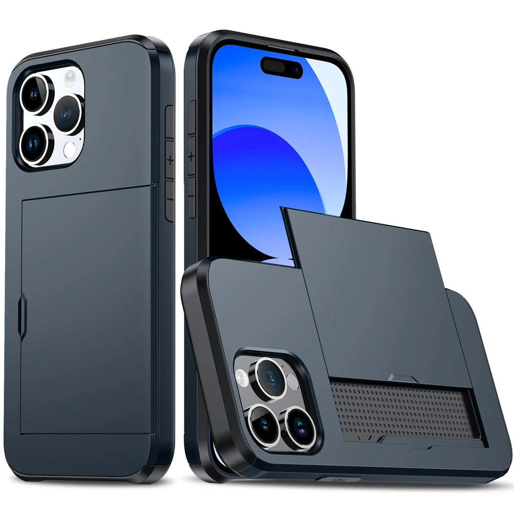 iPhone 15 Pro Max phone case with slide card slot, frosted TPU PC anti-fall cover in black