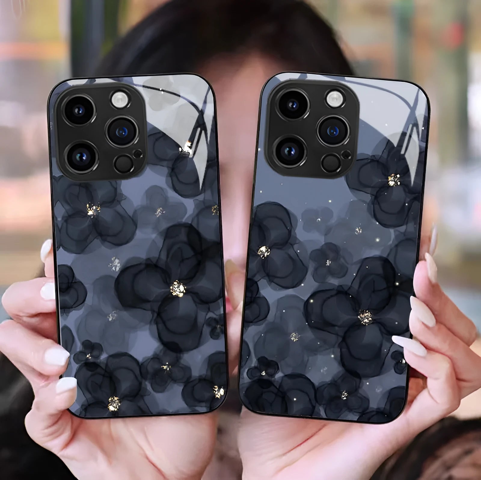Flower glass phone case with UV coating, tulip and smiley face design, for iPhone