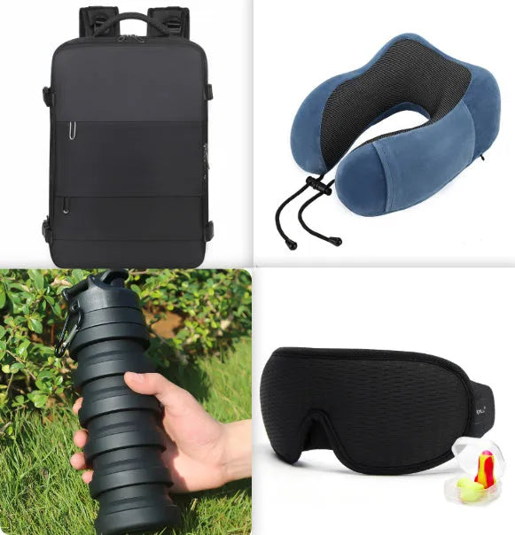 Large grey travel backpack with multiple compartments and an air pillow strap, shown next to a laptop.