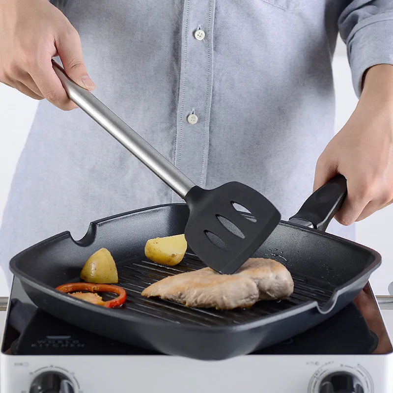 Black silicone and stainless steel kitchen utensil set with 16 pieces for cooking tasks
