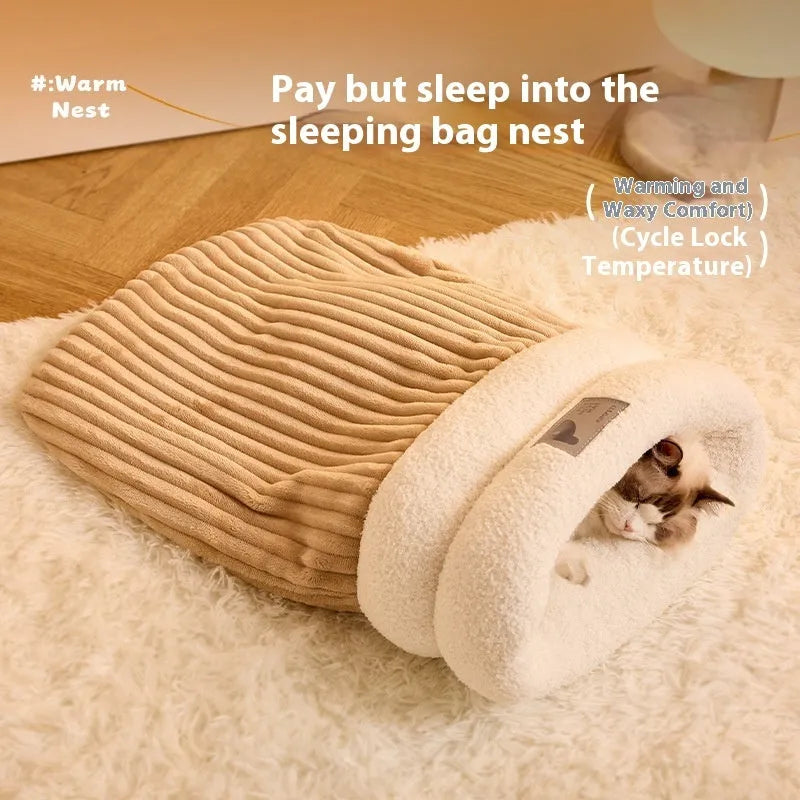 Brown grey or white L M size pet sleeping bag with semi-enclosed design and three-layer warm construction