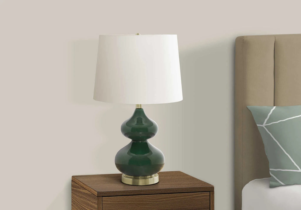 Blue crystal glass children's desk lamp with cloth shade on bedside table