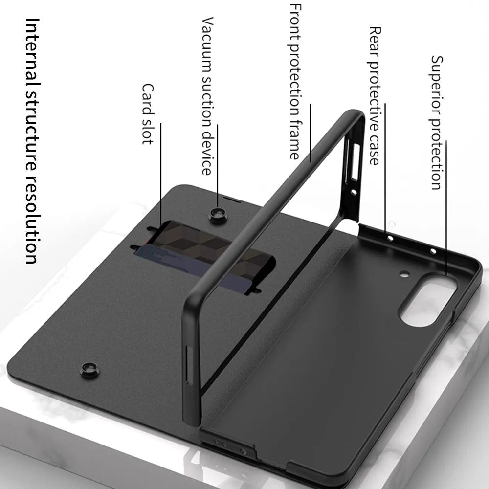 Samsung Galaxy Z Fold5 flip phone case in black camouflage pattern with imitation leather finish
