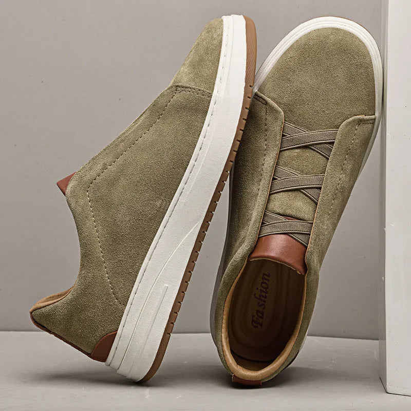 Men's suede casual soft bottom shoes with genuine cowhide leather upper, elastic band, round toe, low-top style in black, blue, khaki