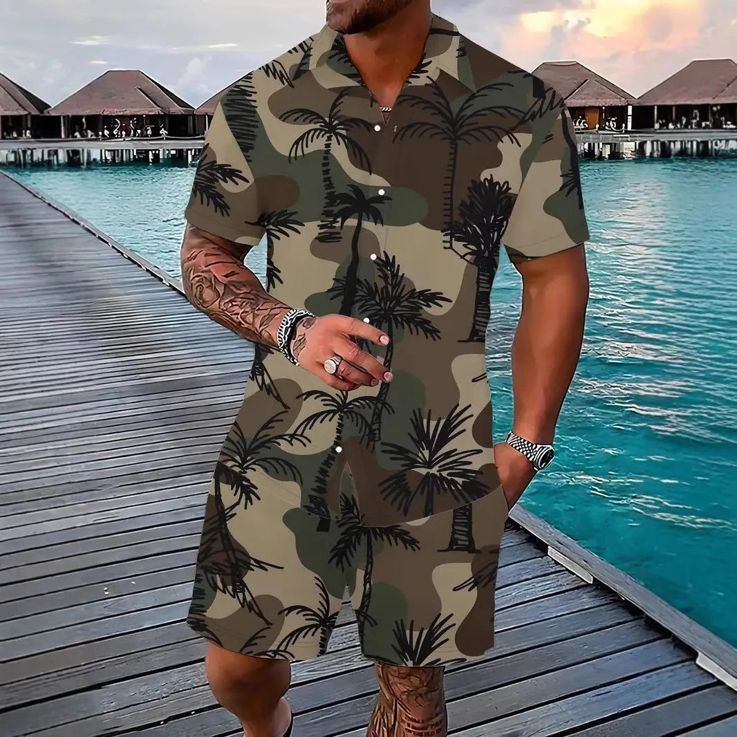 Men's short sleeve Hawaii shirt and matching shorts with a colourful 3D printed tropical pattern