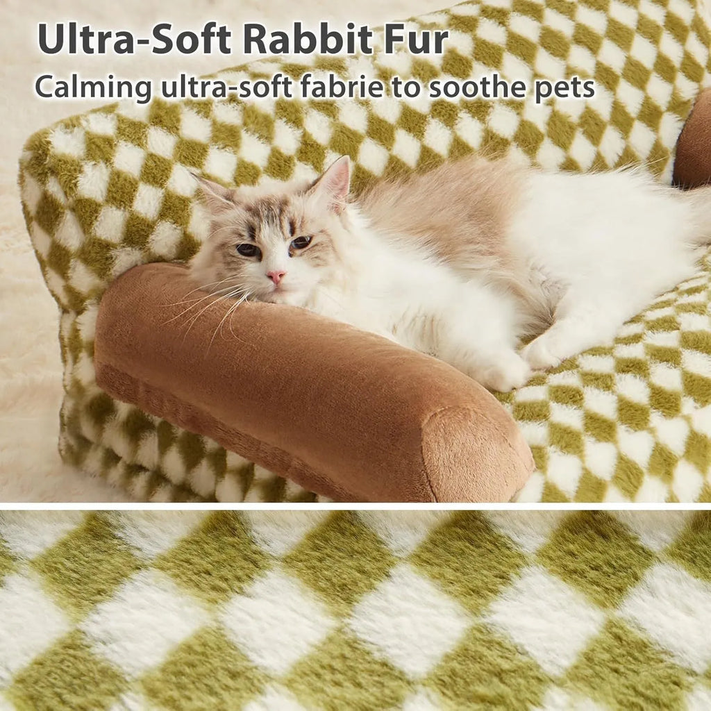 Checkered grey and white pet sofa bed for small dog or cat on wooden floor.