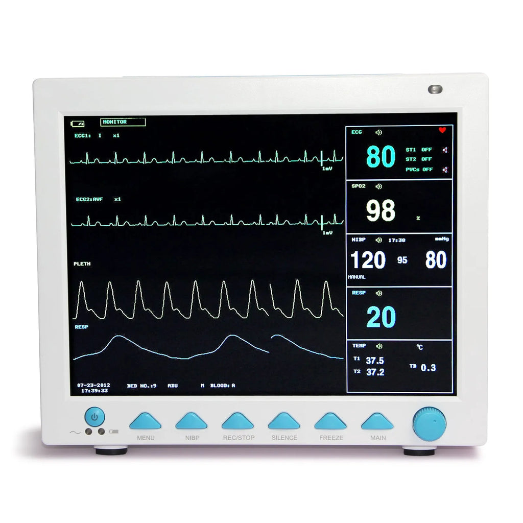 12.1 inch colour TFT patient monitor CMS8000 displaying ECG and SpO2 waveforms with built-in handle