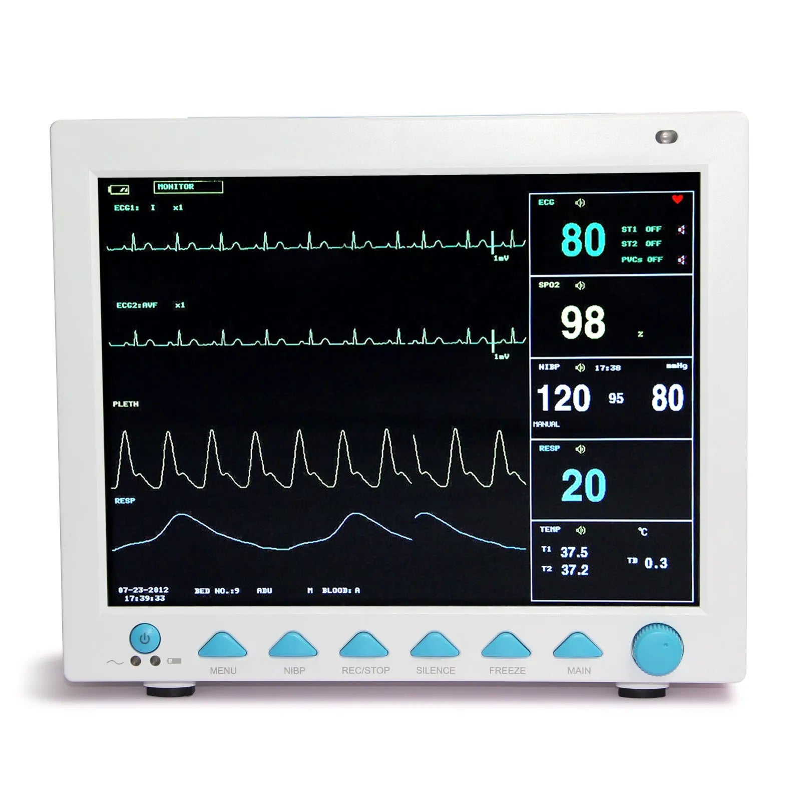 12.1 inch colour TFT patient monitor CMS8000 displaying ECG and SpO2 waveforms with built-in handle