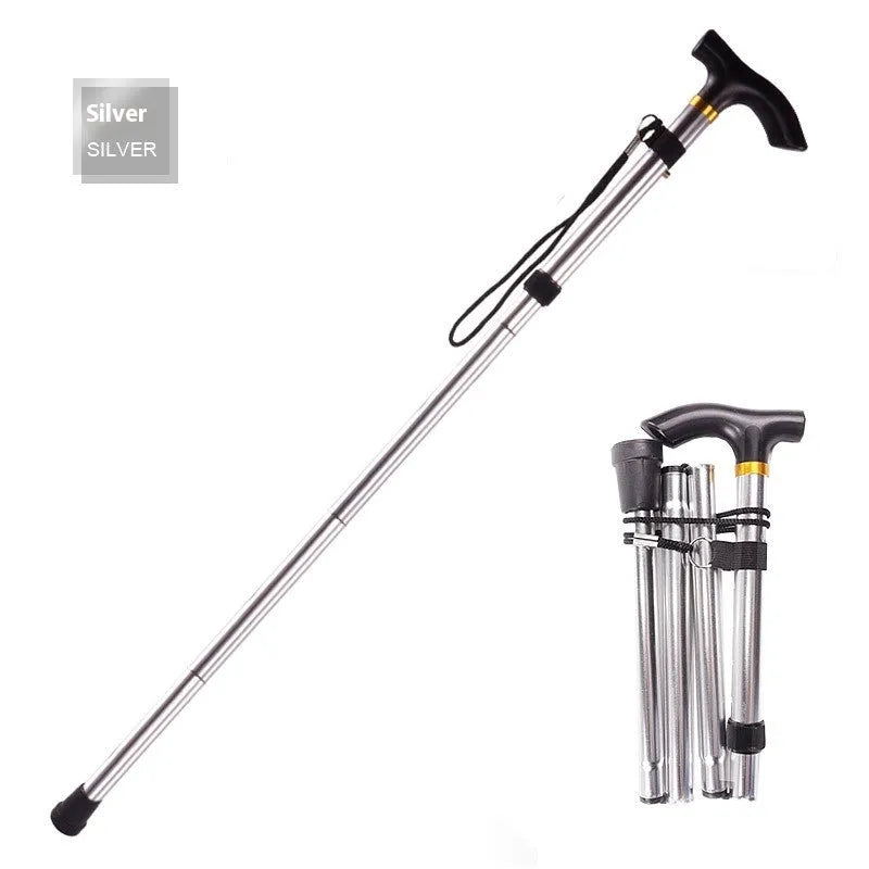 Aluminium alloy folding walking cane extended and folded, showing adjustable length and non-slip handle.