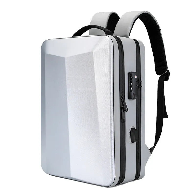 Men's waterproof business backpack in black with Oxford cloth panels and curved shoulder straps