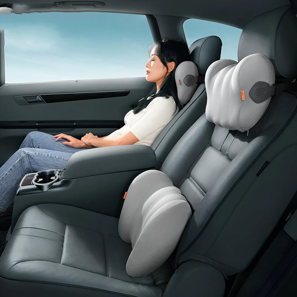 Grey and orange memory foam head pillow and lumbar pillow set for vehicle seats.