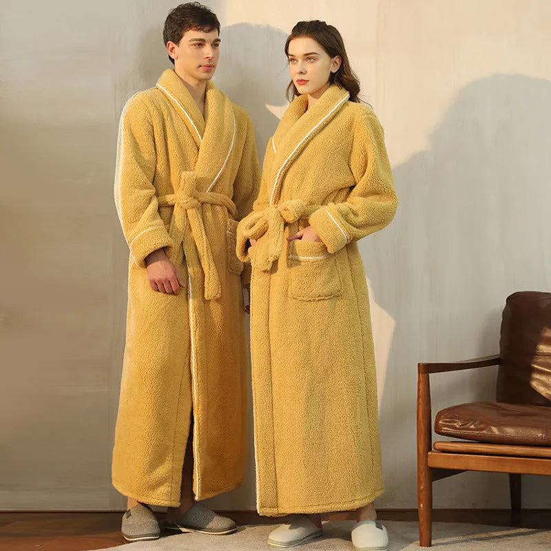 Long, thick grey flannel bathrobe with tie belt, worn as a winter nightgown.