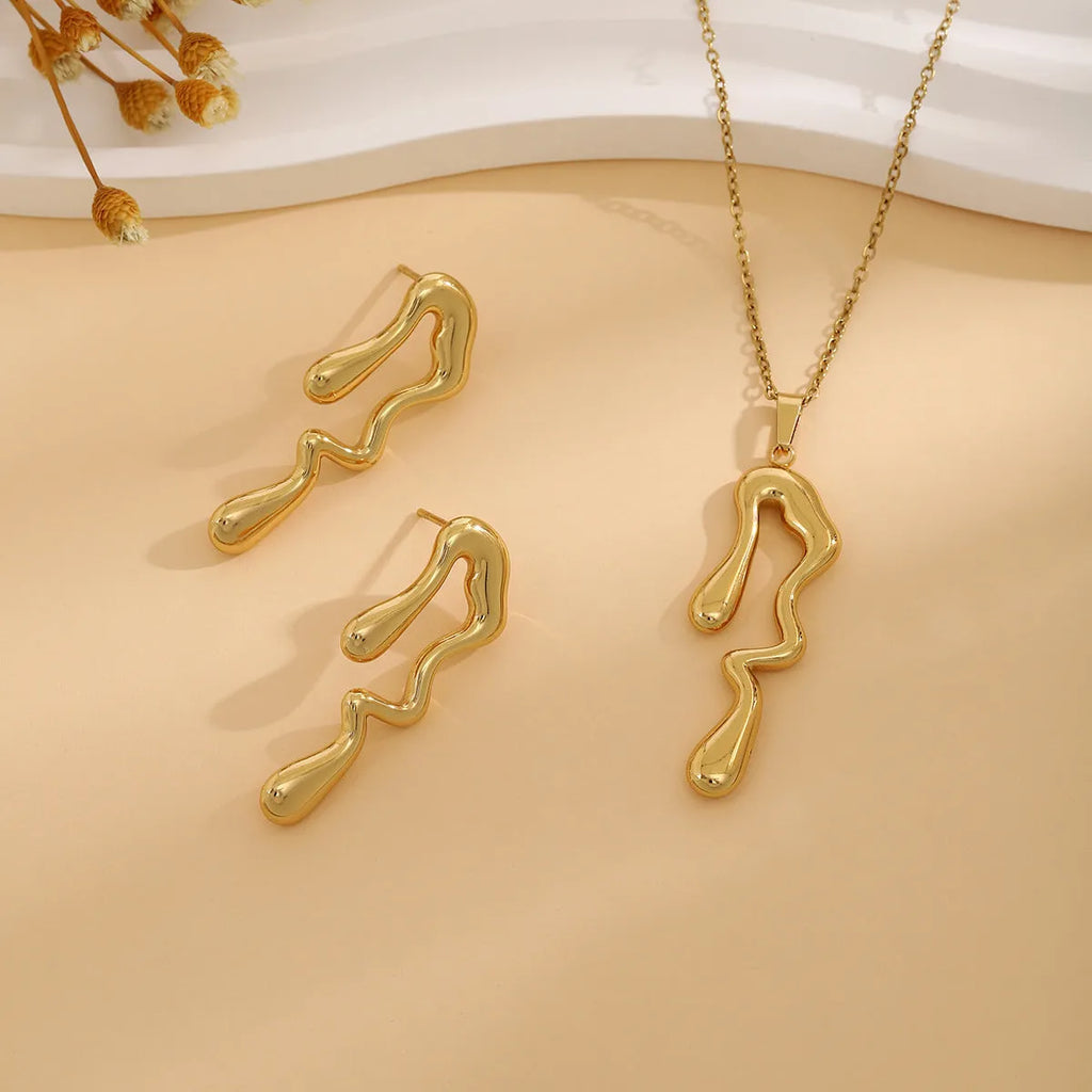 Geometric leaves texture flower love heart earrings and necklace set on a stainless steel pendant with regular chain