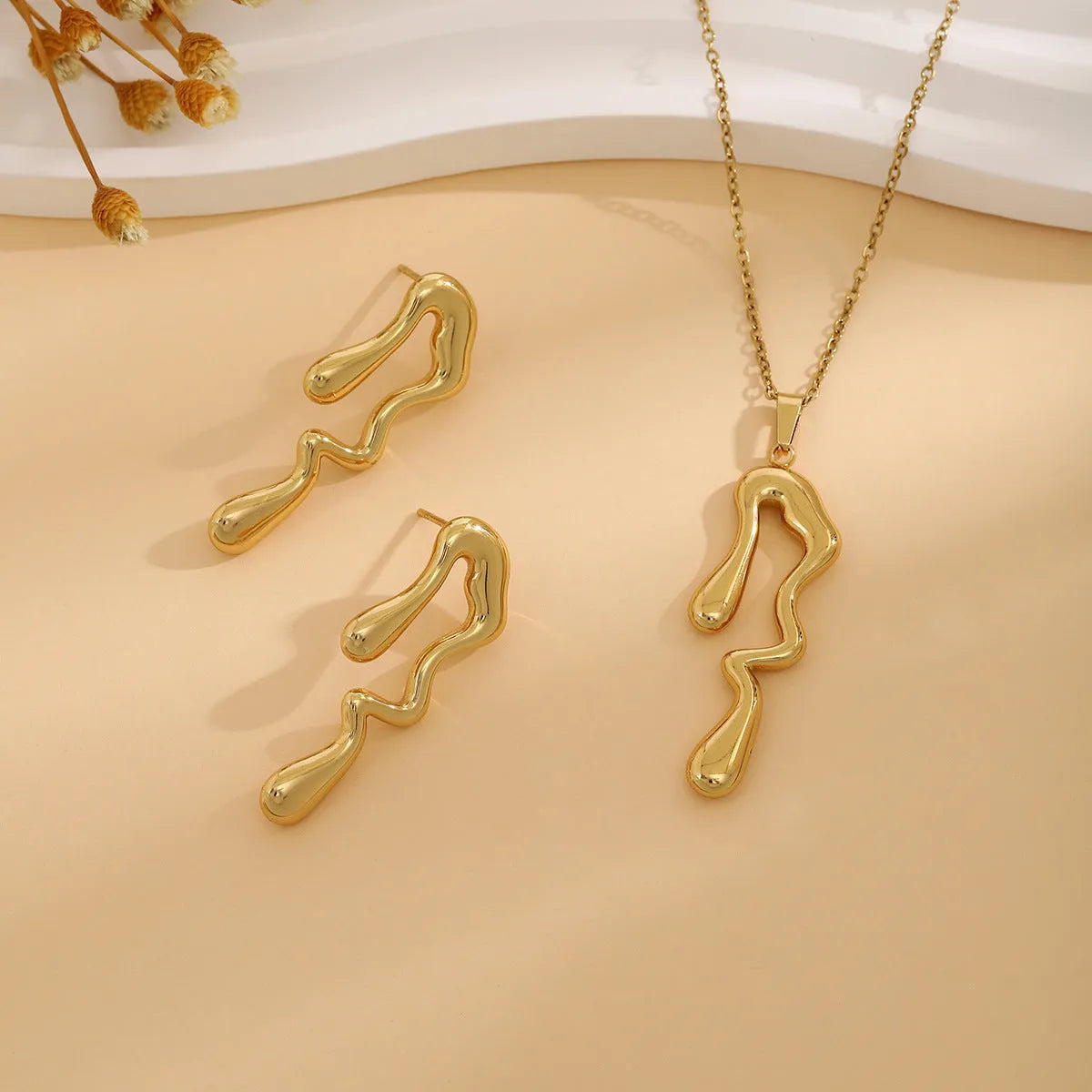 Geometric leaves texture flower love heart earrings and necklace set on a stainless steel pendant with regular chain
