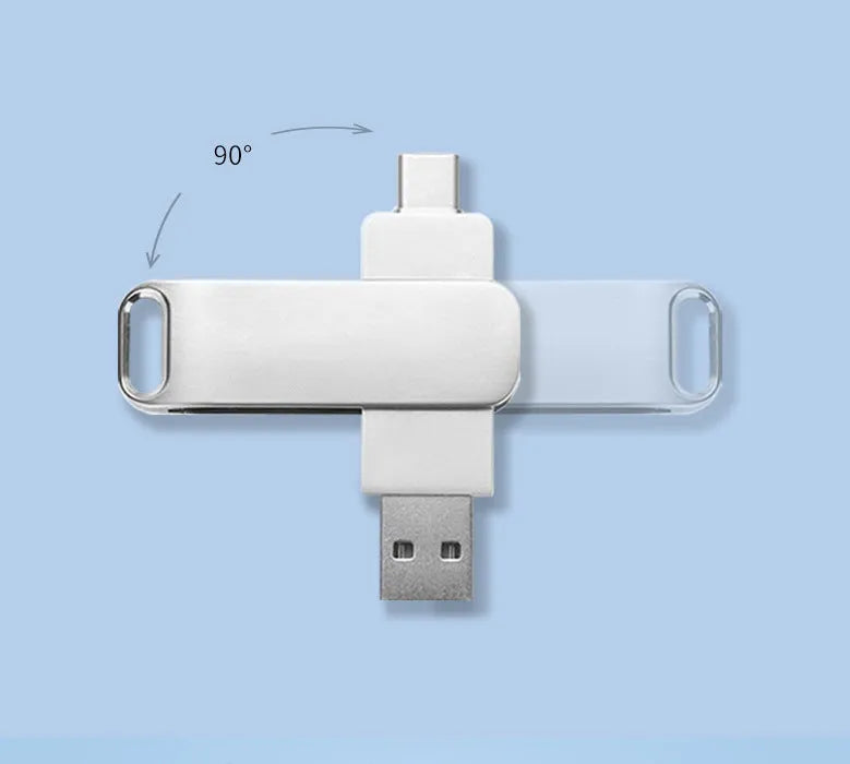 Rotating metal USB flash drive in black showing both USB connector and Type-C interface