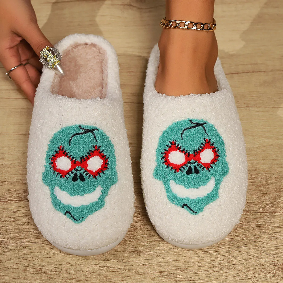 Women's indoor plush thermal cotton slippers with linen upper in mask black and mask blue, non-slip sole