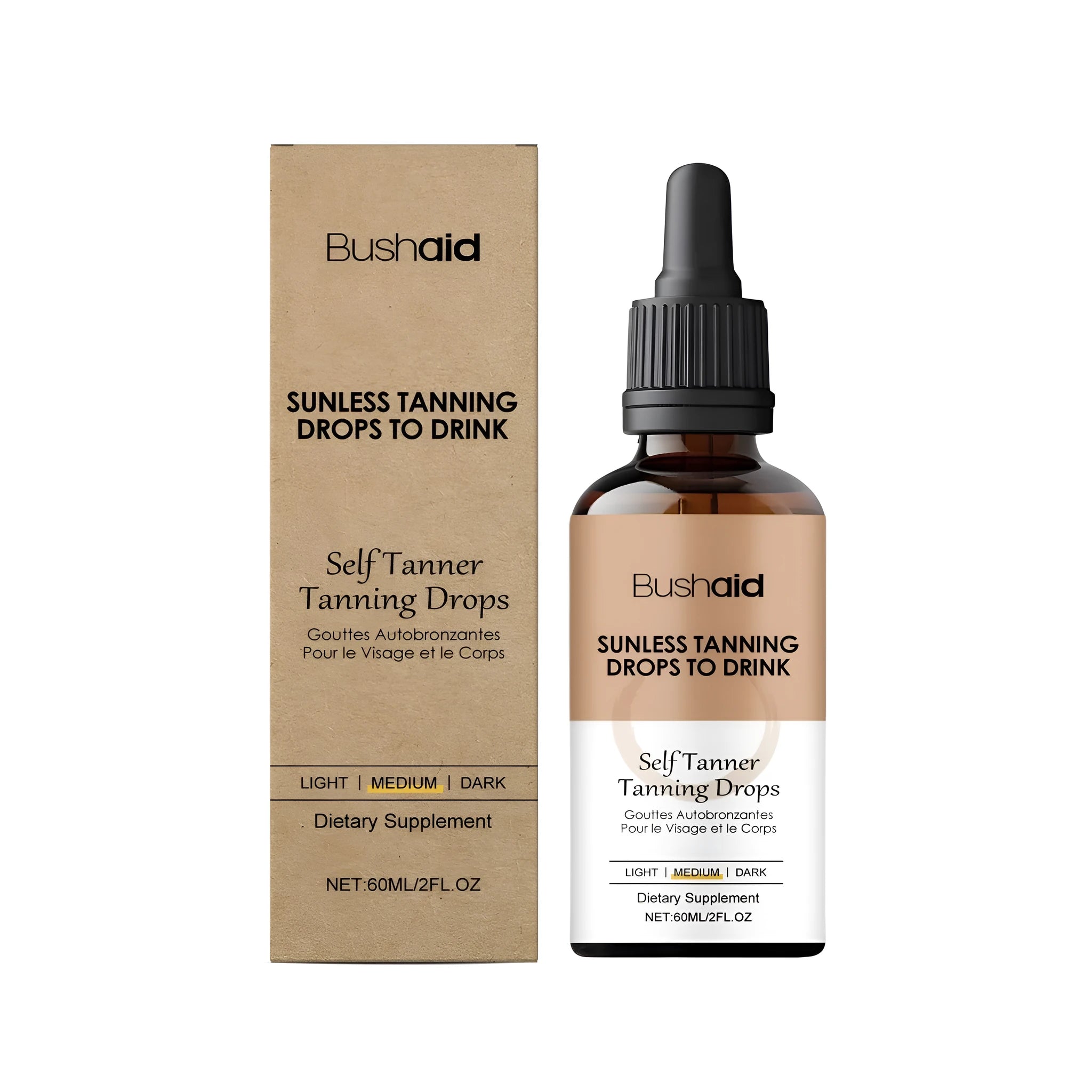 60ml bottle of self-tanning drops with a dropper, containing traditional Chinese herbal extract and vitamin B1.