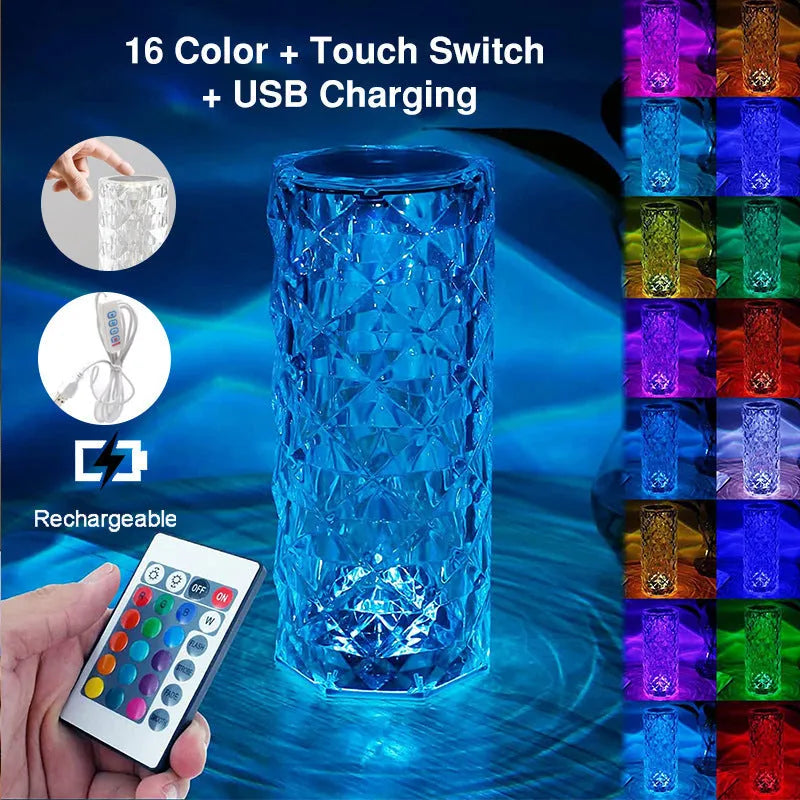 Creative crystal diamond table lamp with rechargeable RGB16 colour touch controls on a bedside table