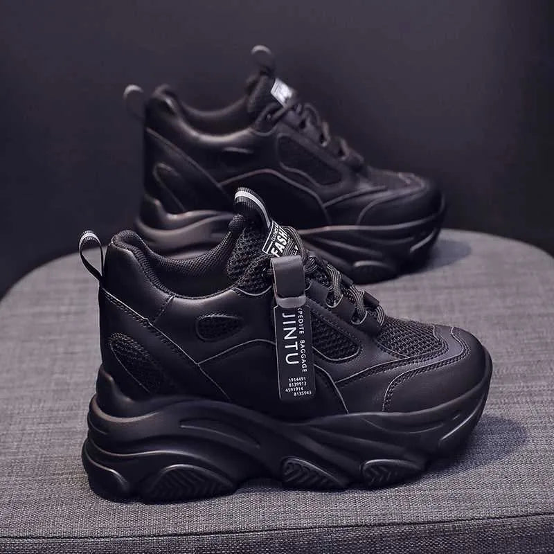 Women's black mesh platform casual shoes with hollow-out design and toe holder, showing TPR sole and optional lining