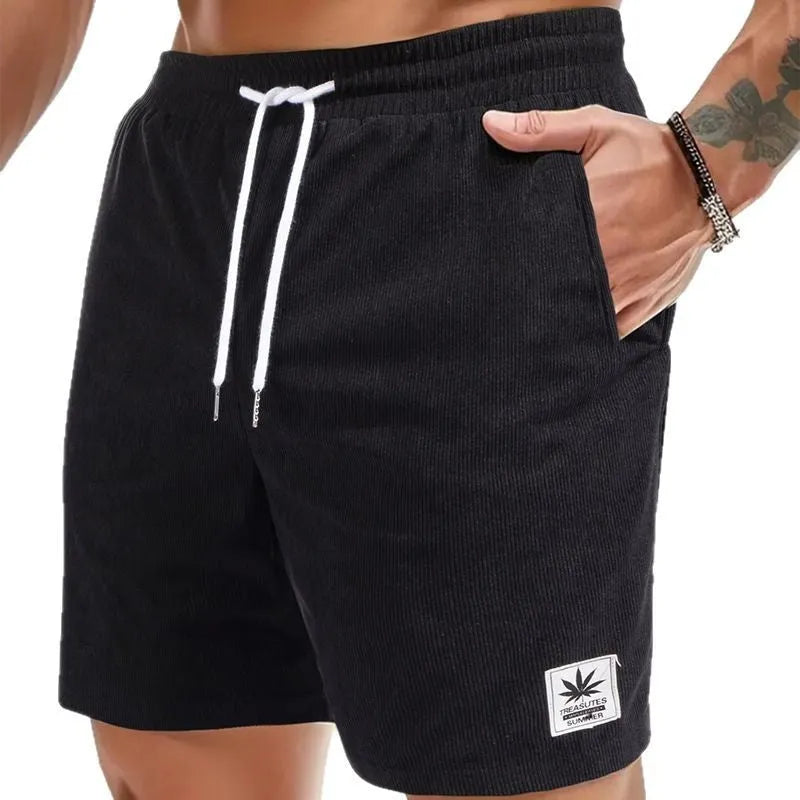 Men's straight-leg drawstring waist shorts in black, blue, khaki, and grey colours