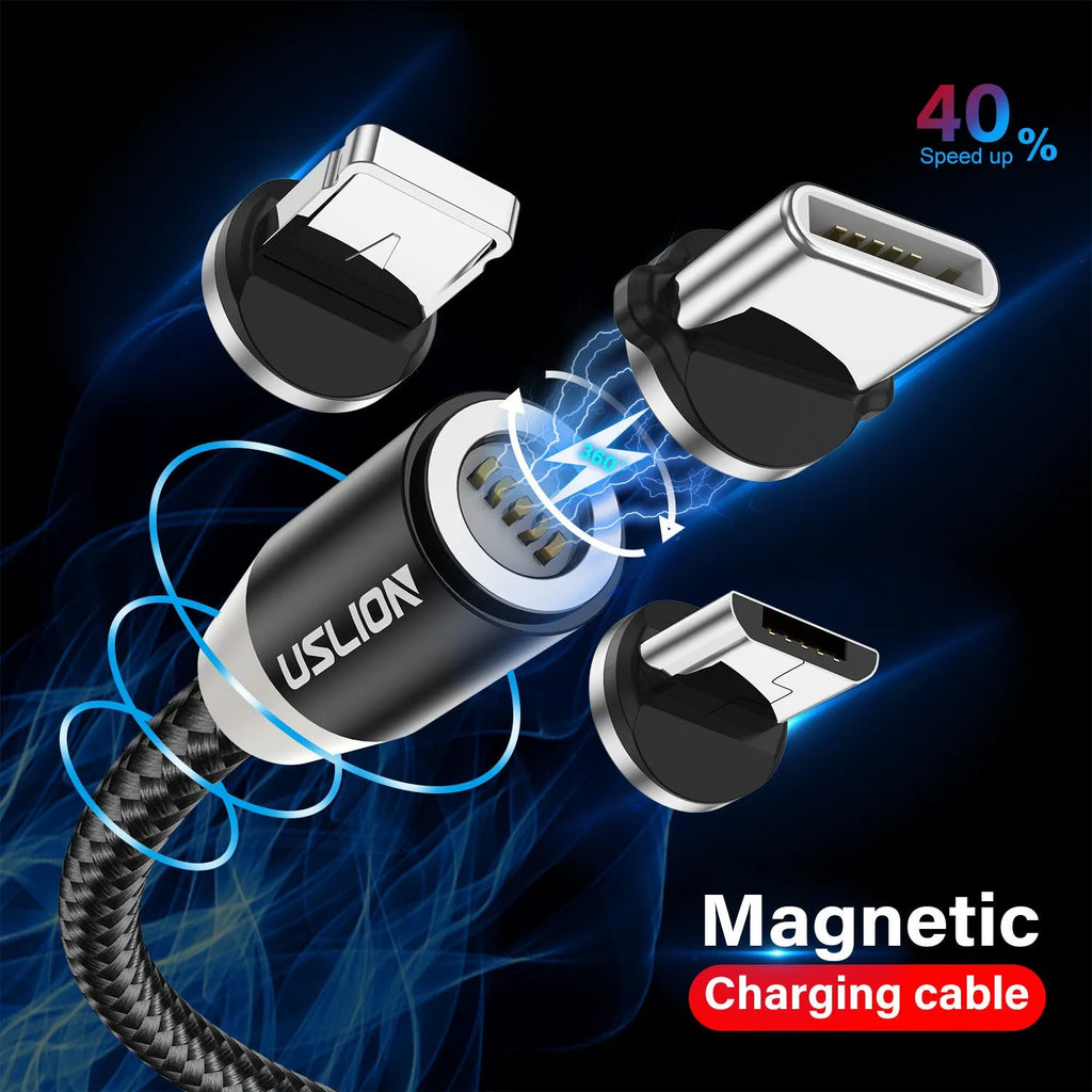 Magnetic 3-in-1 fast charging data cable with 8PIN, Micro USB and TYPE-C connectors, 2m, black red blue options