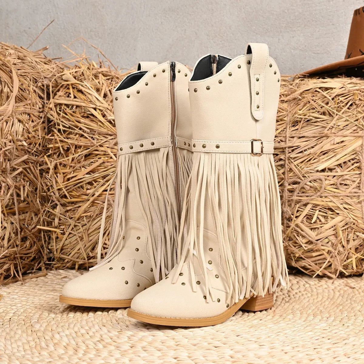 Western cowboy boots for women in beige with belt buckle rivet tassel details and mid heel