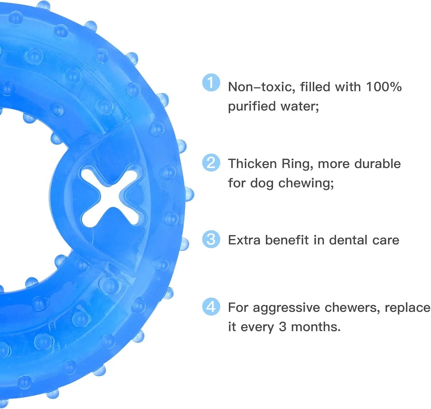 Freezable blue dog chew toy with textured surface and a cavity for treats.