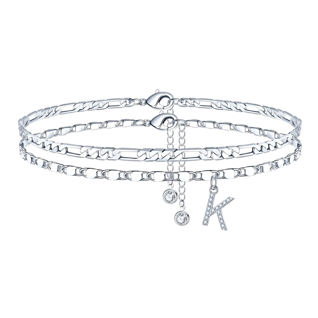 Silver colour copper double circle bead anklet with letter or number charm detailing