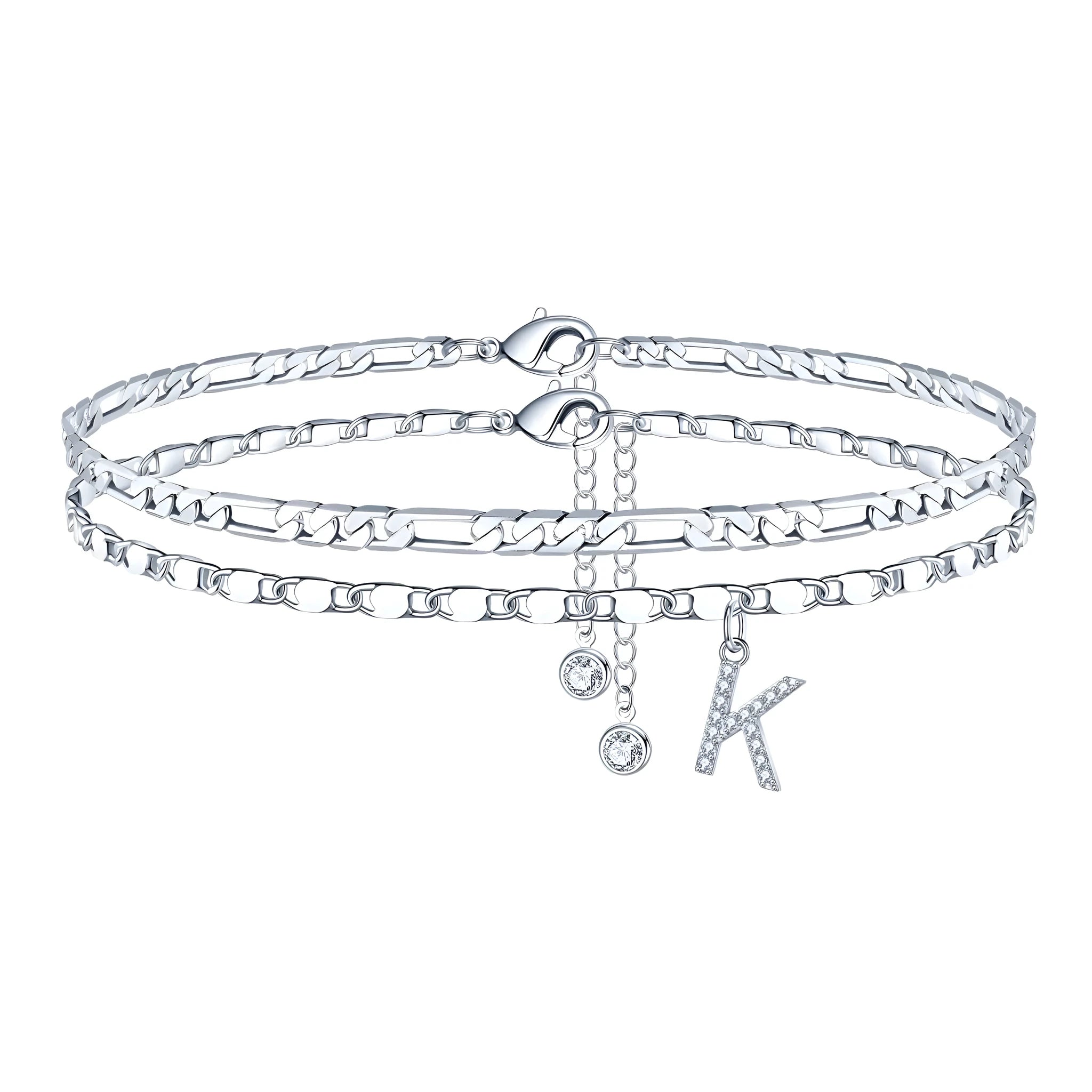 Silver colour copper double circle bead anklet with letter or number charm detailing