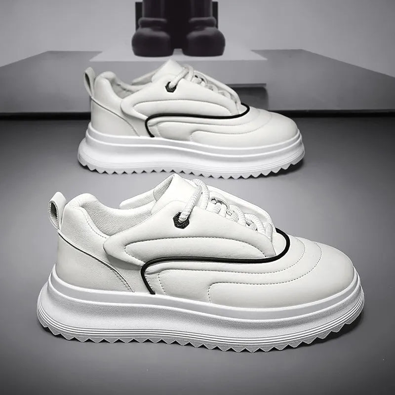 PU leather casual shoes with a thick sole and low heel in khaki, apricot, ivory white, and black knight colours.