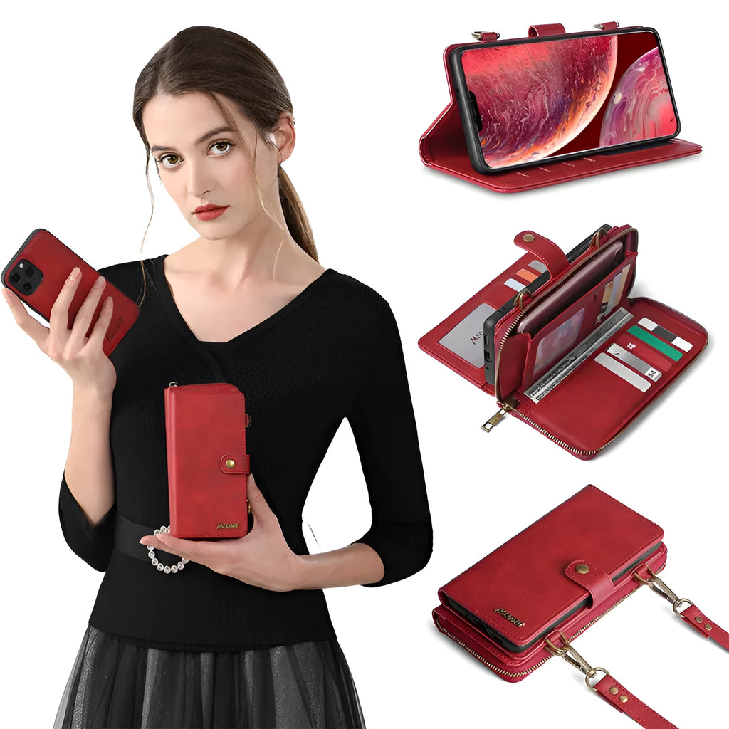 Black detachable wallet backpack leather flip phone case for Samsung Galaxy Note and Apple iPhone