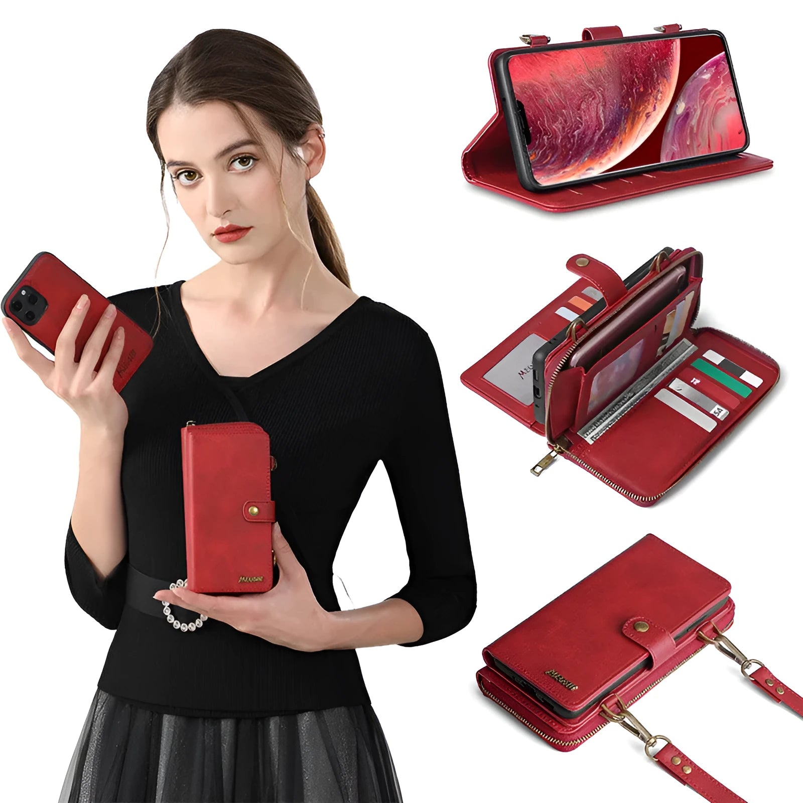 Black detachable wallet backpack leather flip phone case for Samsung Galaxy Note and Apple iPhone