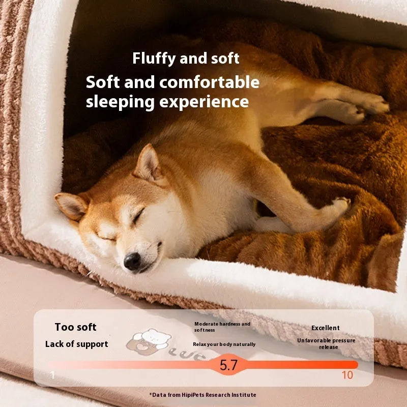 Curved room dog kennel with three-dimensional bear design in brown colour showing enclosed cave sofa style