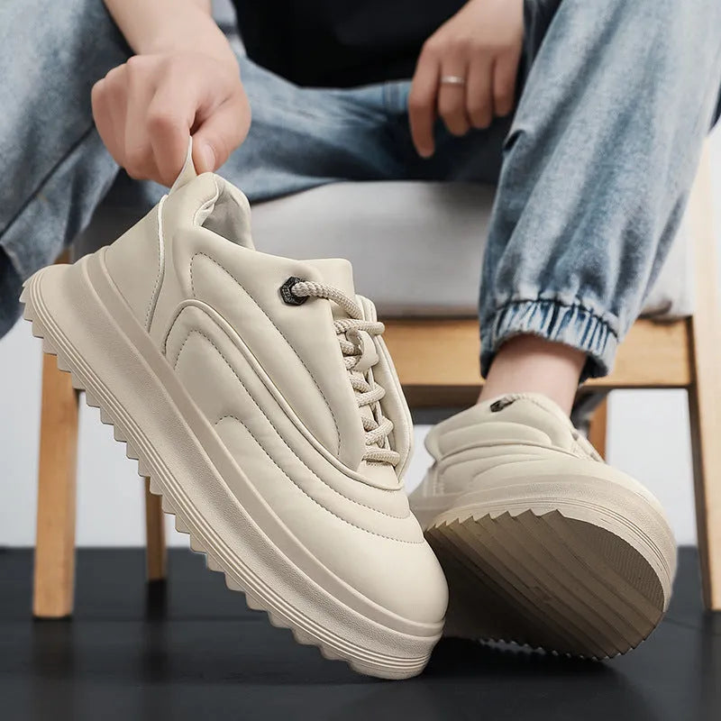 PU leather casual shoes with a thick sole and low heel in khaki, apricot, ivory white, and black knight colours.