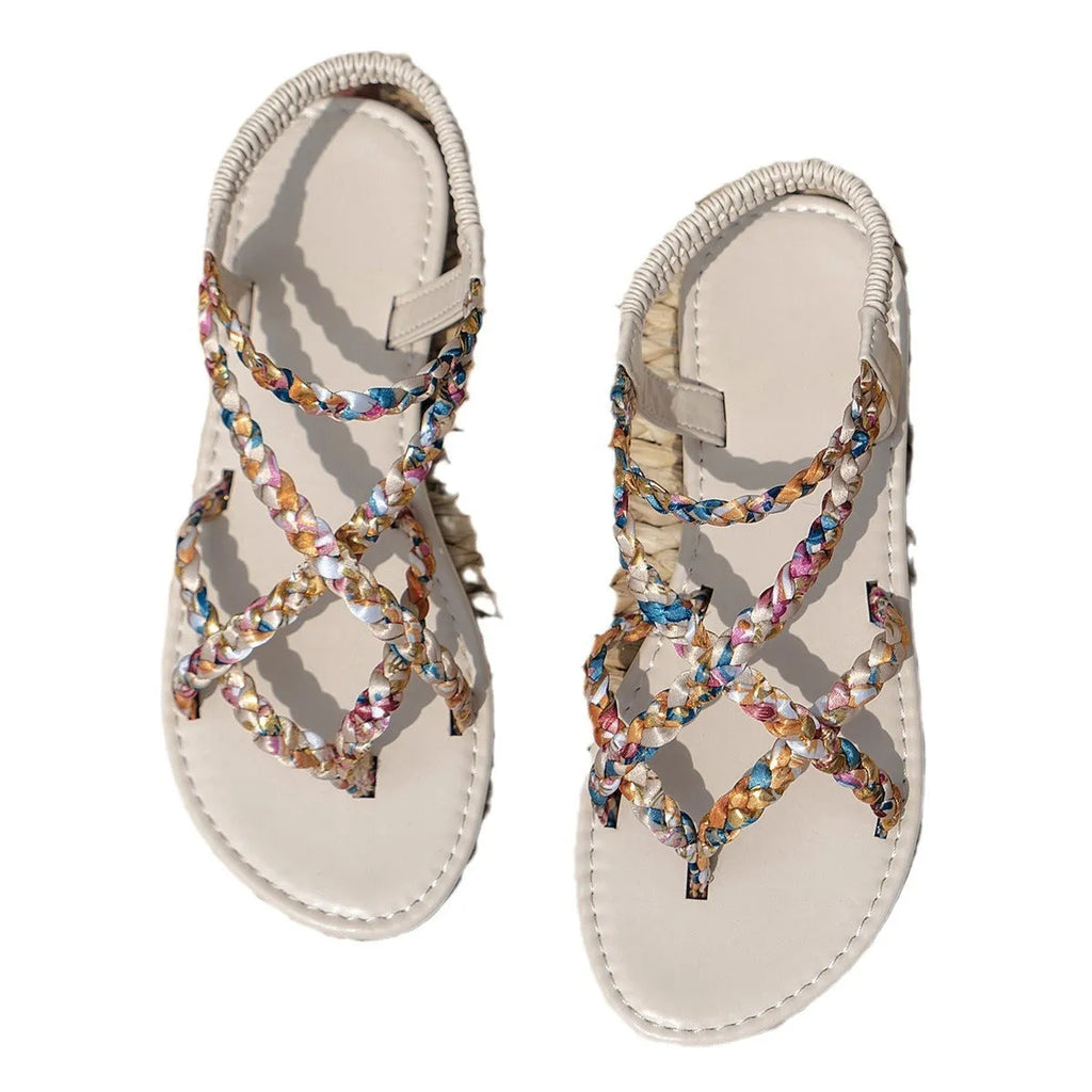European style flat sandals with elastic band and cloth upper in white and black colours