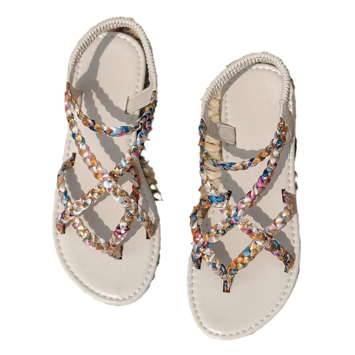 European style flat sandals with elastic band and cloth upper in white and black colours