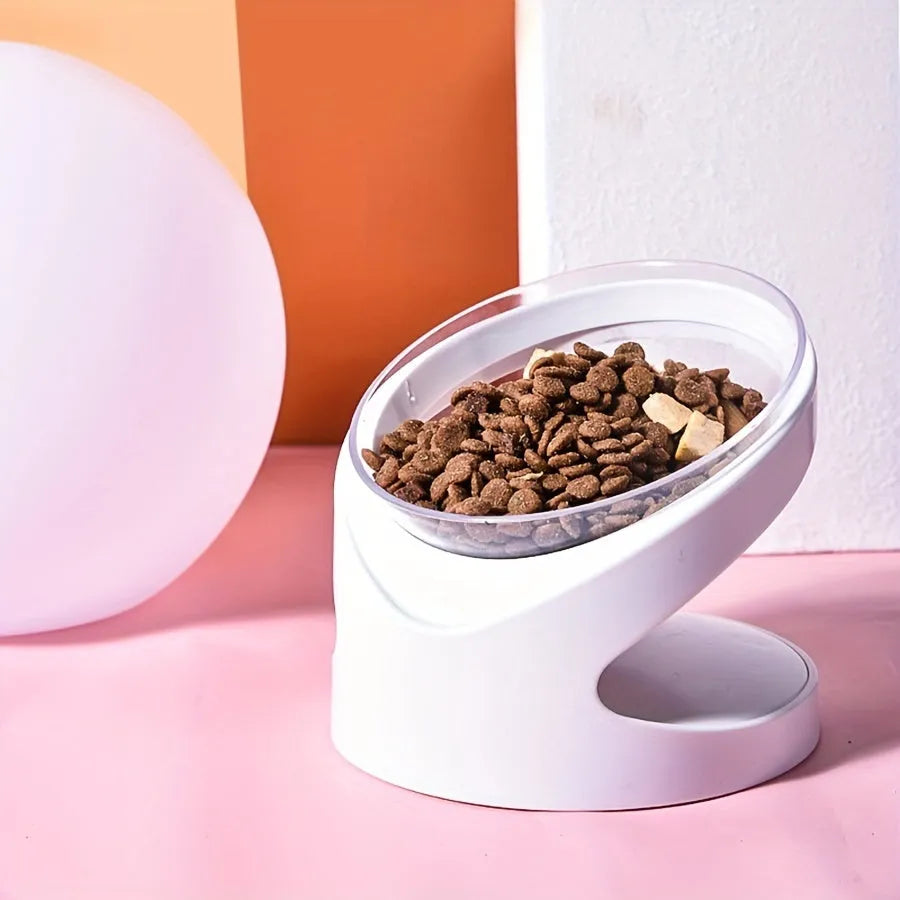 White elevated cat food bowl with ergonomic tilt design for neck protection