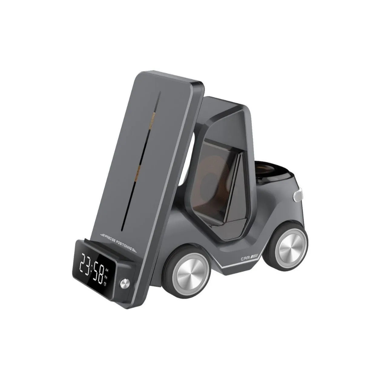 Grey three-in-one magnetic wireless charging bracket holding a phone, smartwatch, and earbuds case.